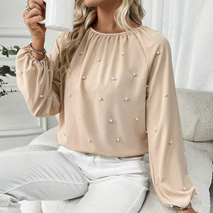 New elegant style European and American shirt long - sleeved beaded shirt pullover top - Negative Apparel