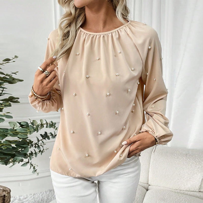 New elegant style European and American shirt long - sleeved beaded shirt pullover top - Negative Apparel