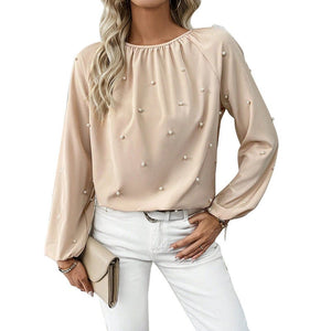 New elegant style European and American shirt long - sleeved beaded shirt pullover top - Negative Apparel