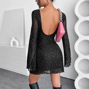 New elegant women's black mesh sequins backless slim long - sleeved jumpsuit - Negative Apparel