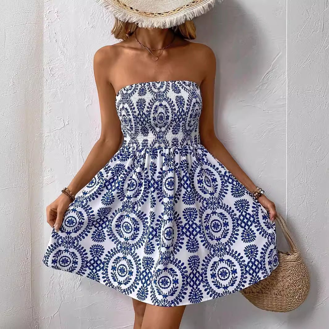 new elegant women's fashion blue printed tube top dress in summer 2025 - Negative Apparel