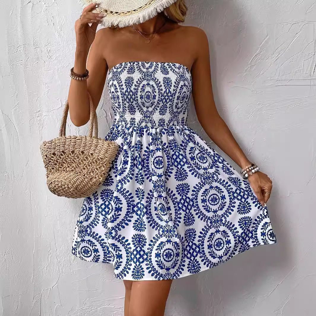 new elegant women's fashion blue printed tube top dress in summer 2025 - Negative Apparel