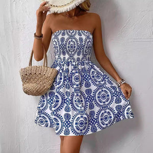 new elegant women's fashion blue printed tube top dress in summer 2025 - Negative Apparel