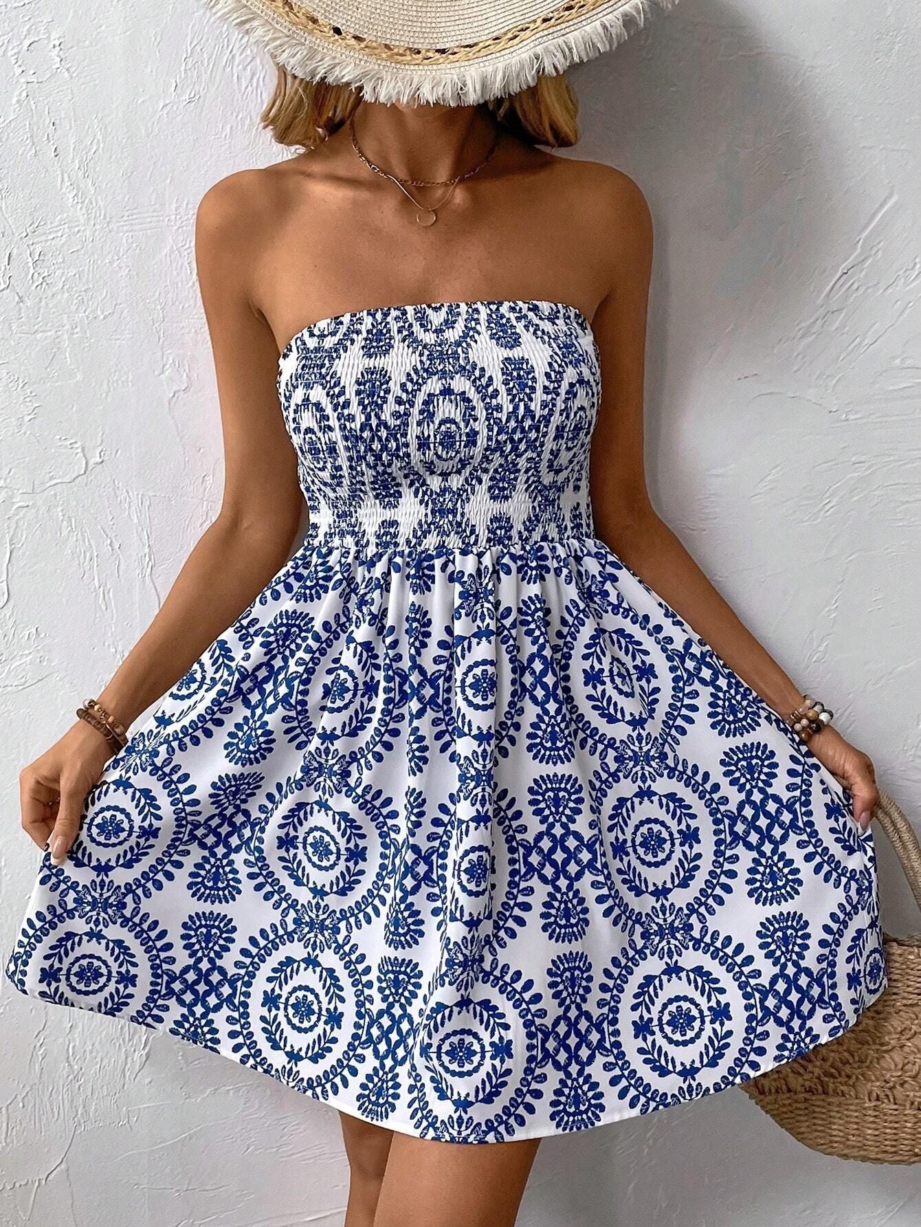 new elegant women's fashion blue printed tube top dress in summer 2025 - Negative Apparel