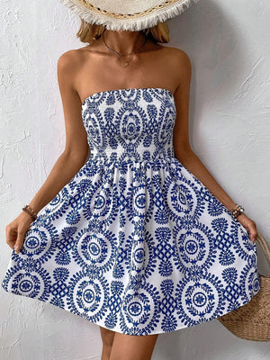 new elegant women's fashion blue printed tube top dress in summer 2025 - Negative Apparel