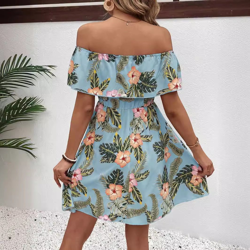 New elegant women's fashion printed off - the - shoulder collar dress - Negative Apparel