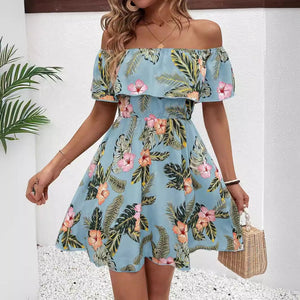 New elegant women's fashion printed off - the - shoulder collar dress - Negative Apparel