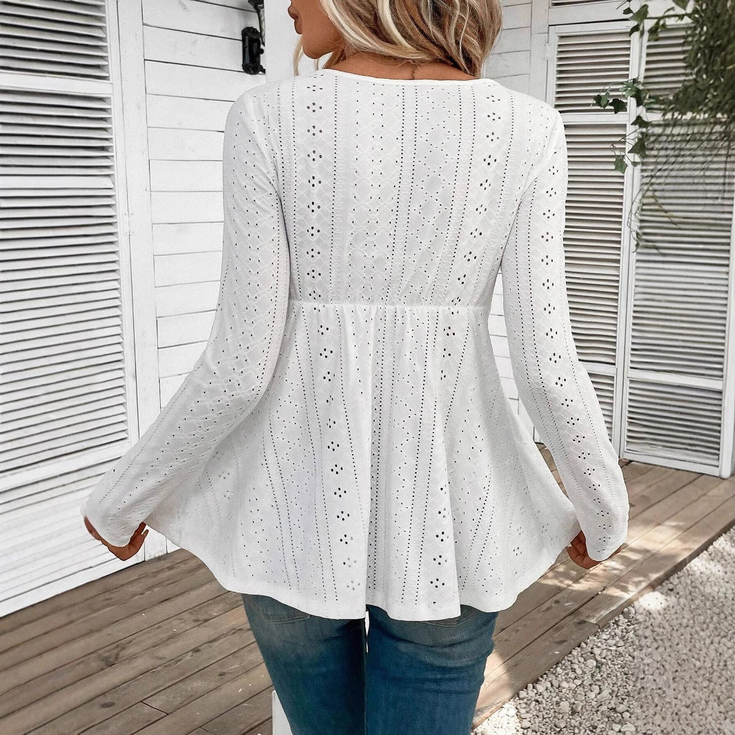 New elegant women's slim - fitting V - neck splicing lace long - sleeved T-shirt top women's clothing - Negative Apparel