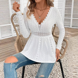 New elegant women's slim - fitting V - neck splicing lace long - sleeved T-shirt top women's clothing - Negative Apparel