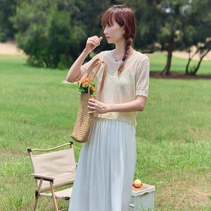 New French gentle apricot ice silk knitted short - sleeved women's summer thin loose drawstring hollow blouse top - Negative Apparel