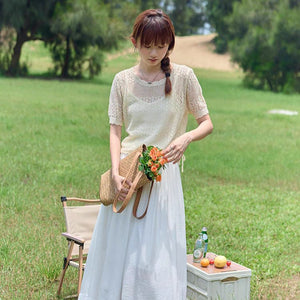 New French gentle apricot ice silk knitted short - sleeved women's summer thin loose drawstring hollow blouse top - Negative Apparel