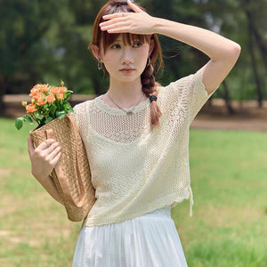 New French gentle apricot ice silk knitted short - sleeved women's summer thin loose drawstring hollow blouse top - Negative Apparel