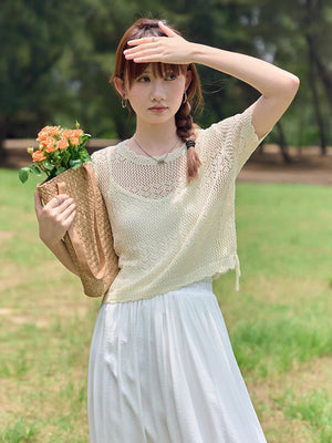 New French gentle apricot ice silk knitted short - sleeved women's summer thin loose drawstring hollow blouse top - Negative Apparel