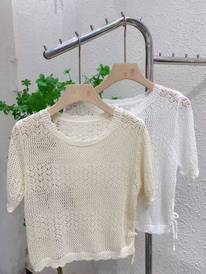 New French gentle apricot ice silk knitted short - sleeved women's summer thin loose drawstring hollow blouse top - Negative Apparel