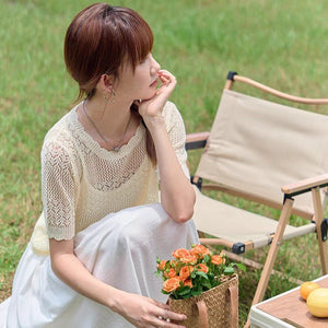 New French gentle apricot ice silk knitted short - sleeved women's summer thin loose drawstring hollow blouse top - Negative Apparel