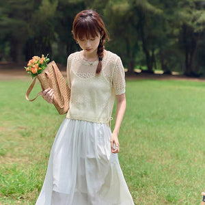 New French gentle apricot ice silk knitted short - sleeved women's summer thin loose drawstring hollow blouse top - Negative Apparel