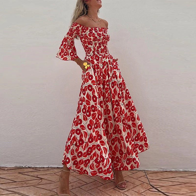 New holiday style off - the - shoulder horn sleeves floral long dress women's dress - Negative Apparel