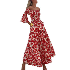 New holiday style off - the - shoulder horn sleeves floral long dress women's dress - Negative Apparel