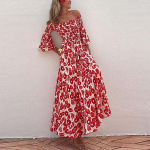 New holiday style off - the - shoulder horn sleeves floral long dress women's dress - Negative Apparel
