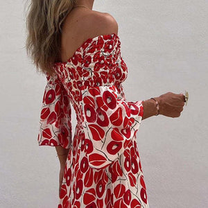 New holiday style off - the - shoulder horn sleeves floral long dress women's dress - Negative Apparel