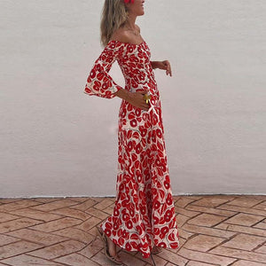 New holiday style off - the - shoulder horn sleeves floral long dress women's dress - Negative Apparel