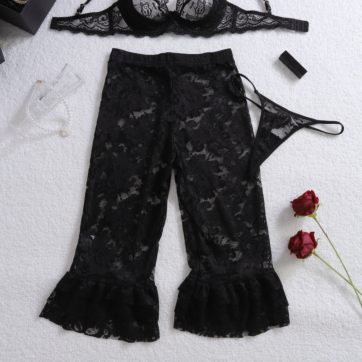 New jacquard perspective lace lace slim pants body sculpting sexy underwear split set - Negative Apparel