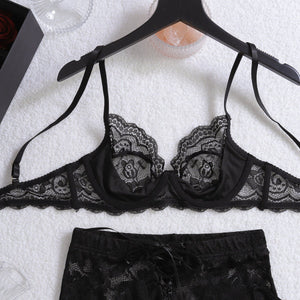 New jacquard perspective lace lace slim pants body sculpting sexy underwear split set - Negative Apparel