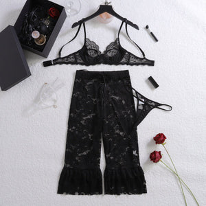 New jacquard perspective lace lace slim pants body sculpting sexy underwear split set - Negative Apparel
