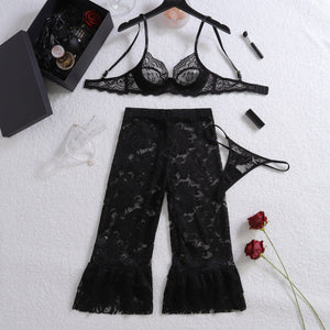 New jacquard perspective lace lace slim pants body sculpting sexy underwear split set - Negative Apparel