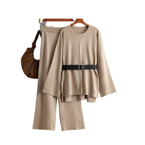 New knitted belt top loose high - waisted wide - leg pants two - piece set - Negative Apparel