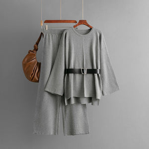New knitted belt top loose high - waisted wide - leg pants two - piece set - Negative Apparel