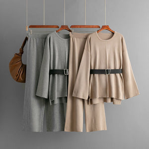 New knitted belt top loose high - waisted wide - leg pants two - piece set - Negative Apparel