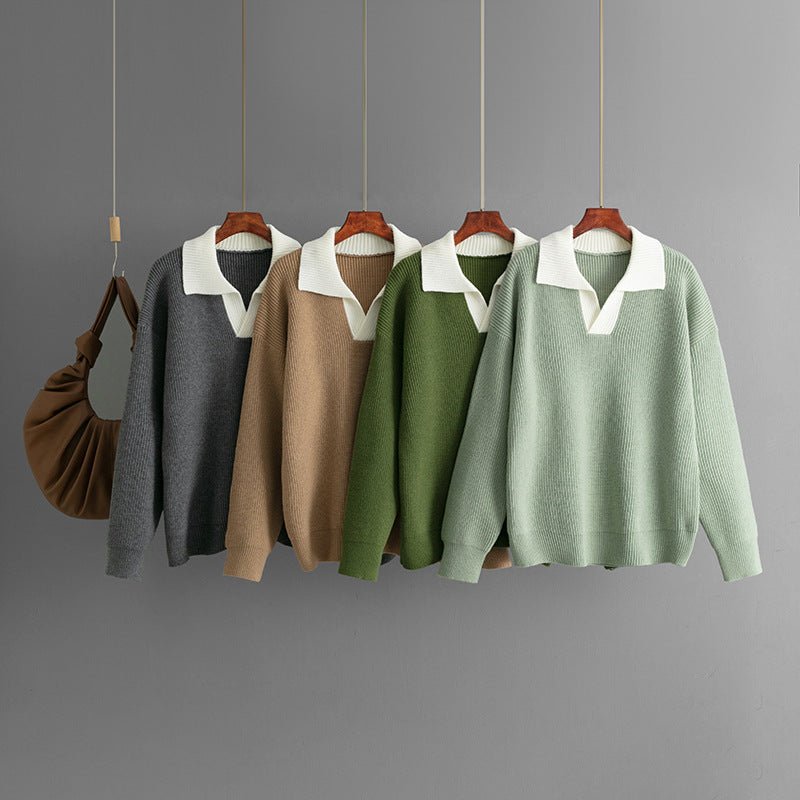 New knitted top women's color matching POLO collar loose pullover knitted sweater outer wear sweater - Negative Apparel