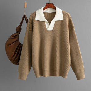 New knitted top women's color matching POLO collar loose pullover knitted sweater outer wear sweater - Negative Apparel