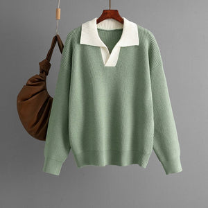 New knitted top women's color matching POLO collar loose pullover knitted sweater outer wear sweater - Negative Apparel