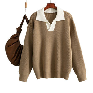 New knitted top women's color matching POLO collar loose pullover knitted sweater outer wear sweater - Negative Apparel