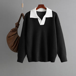 New knitted top women's color matching POLO collar loose pullover knitted sweater outer wear sweater - Negative Apparel