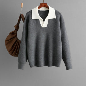 New knitted top women's color matching POLO collar loose pullover knitted sweater outer wear sweater - Negative Apparel