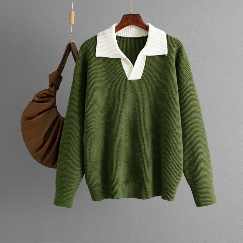 New knitted top women's color matching POLO collar loose pullover knitted sweater outer wear sweater - Negative Apparel