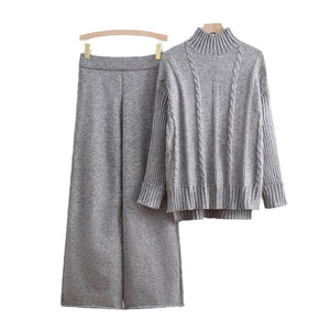 New knitted turtleneck sweater threaded craft fashion casual wide - leg pants two - piece trend suit - Negative Apparel