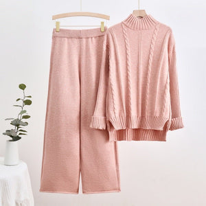 New knitted turtleneck sweater threaded craft fashion casual wide - leg pants two - piece trend suit - Negative Apparel