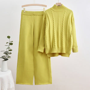 New knitted turtleneck sweater threaded craft fashion casual wide - leg pants two - piece trend suit - Negative Apparel