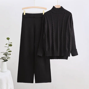 New knitted turtleneck sweater threaded craft fashion casual wide - leg pants two - piece trend suit - Negative Apparel