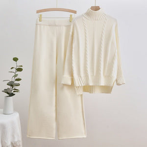 New knitted turtleneck sweater threaded craft fashion casual wide - leg pants two - piece trend suit - Negative Apparel