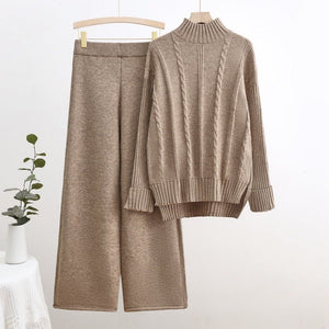 New knitted turtleneck sweater threaded craft fashion casual wide - leg pants two - piece trend suit - Negative Apparel