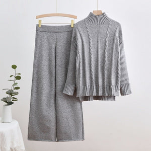 New knitted turtleneck sweater threaded craft fashion casual wide - leg pants two - piece trend suit - Negative Apparel