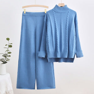 New knitted turtleneck sweater threaded craft fashion casual wide - leg pants two - piece trend suit - Negative Apparel