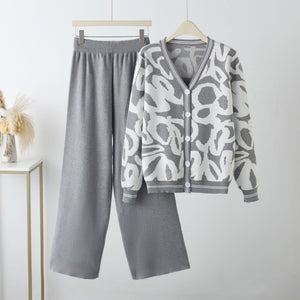 New leopard print cardigan knitted jacket sweater high waist pants two - piece set - Negative Apparel