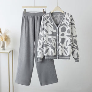 New leopard print cardigan knitted jacket sweater high waist pants two - piece set - Negative Apparel