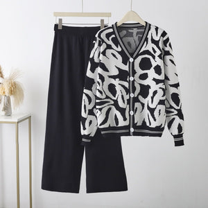 New leopard print cardigan knitted jacket sweater high waist pants two - piece set - Negative Apparel